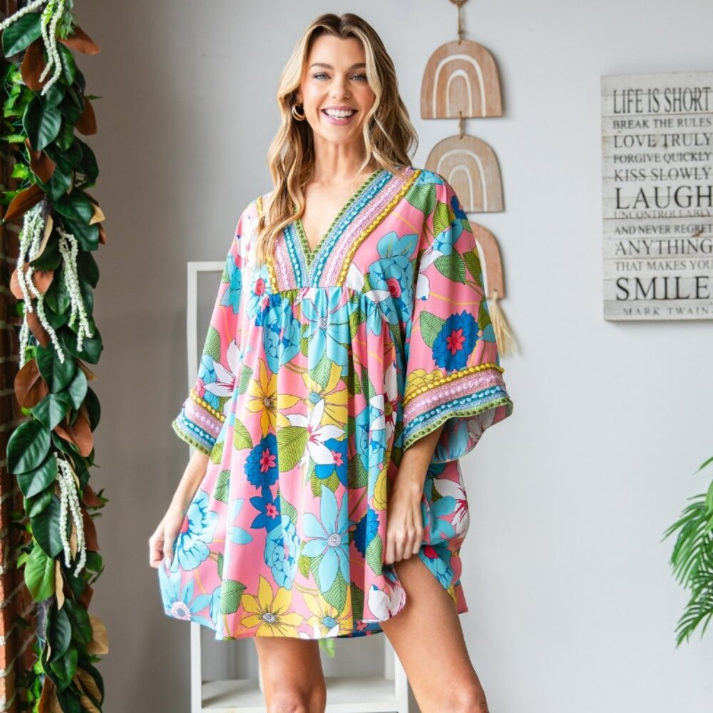 Pink and Blue V-Neck Dolman Sleeve Mini Sundress